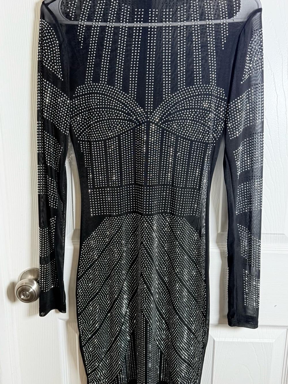 Black Long-Sleeve Rhinestone Mesh Dress